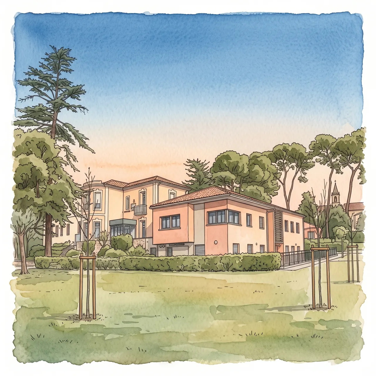 Aquarelle de Saint-Gély-du-Fesc : les façades claires du centre et le clocher, entre pins et grands arbres, au coucher du soleil